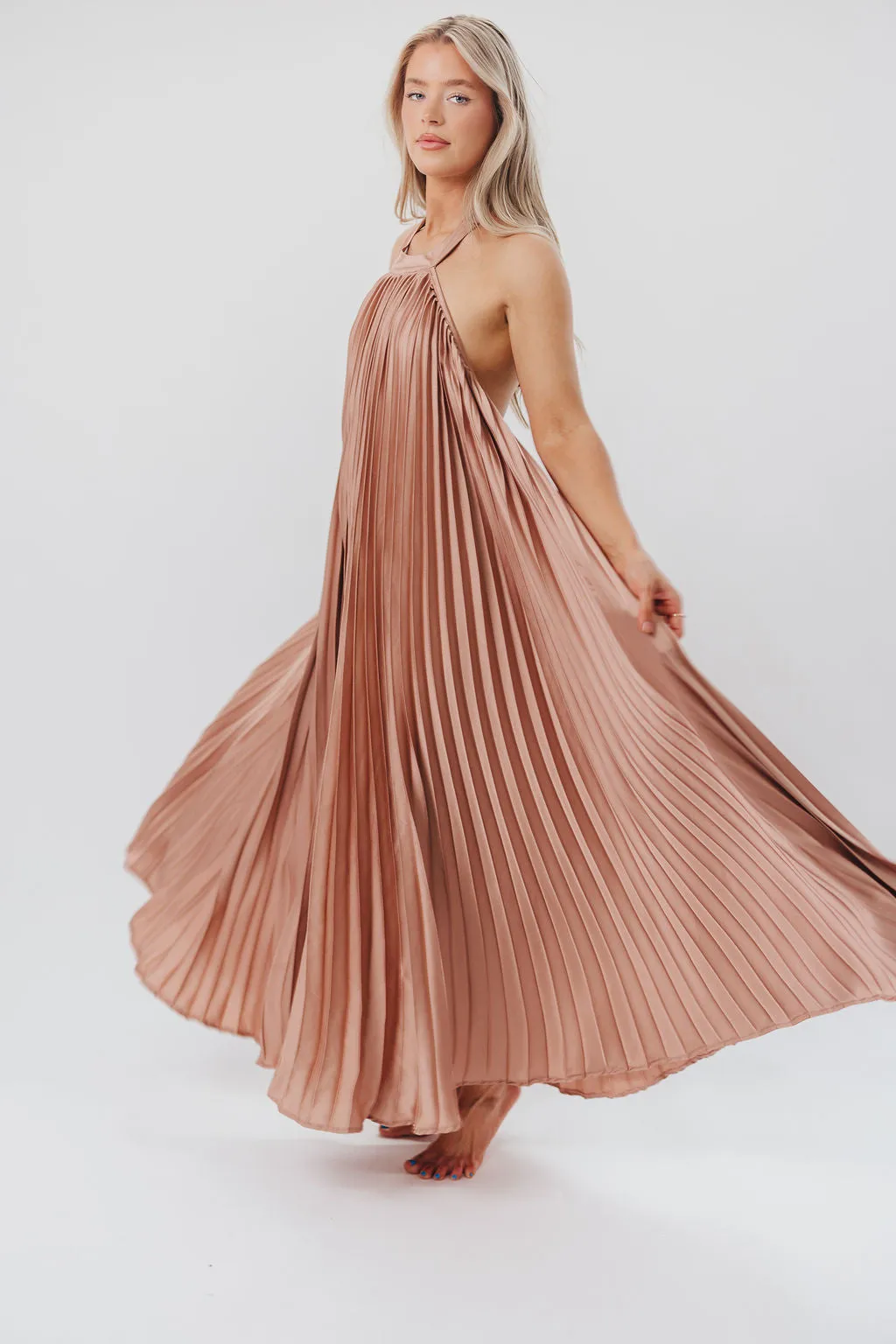 Maren Pleated Halter Maxi Dress in Mauve - Bump Friendly (S-XL) sold by Worth Collective