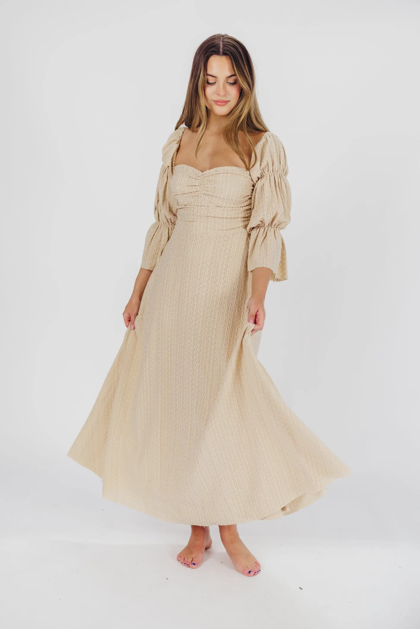 Corrine Tiered Sleeve Maxi Dress with Pockets in Beige - Bump Friendly sold by Worth Collective