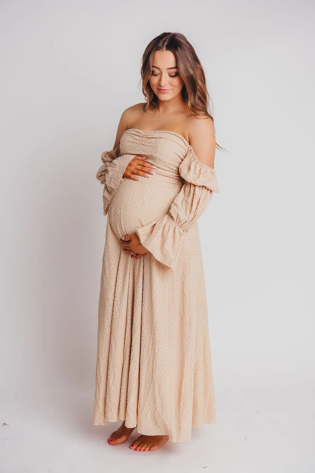 Corrine Tiered Sleeve Maxi Dress with Pockets in Beige - Bump Friendly sold by Worth Collective product image thumbnail 3
