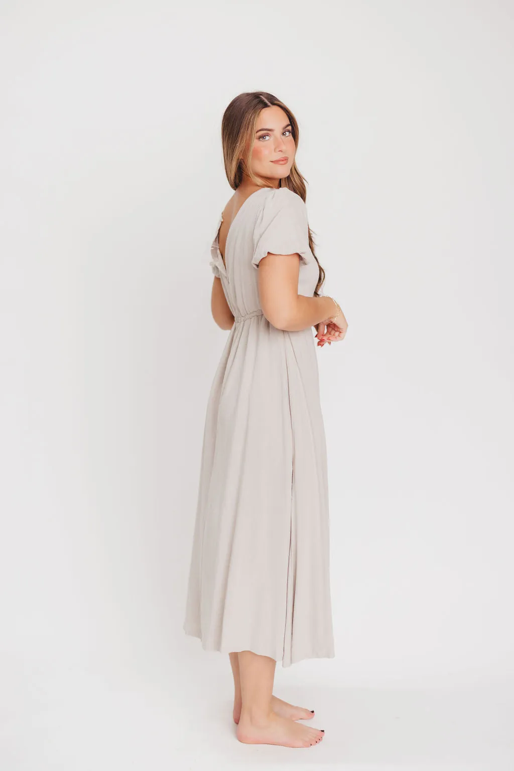Ainsley Square Neck Midi Dress with Puffed Sleeves in Oat - Bump Friendly sold by Worth Collective product image thumbnail 5