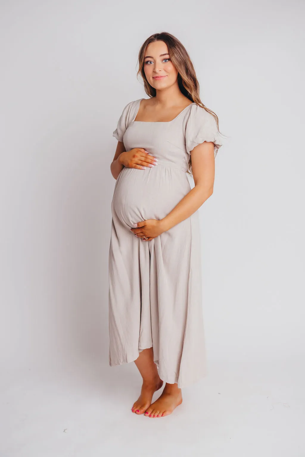 Ainsley Square Neck Midi Dress with Puffed Sleeves in Oat - Bump Friendly sold by Worth Collective