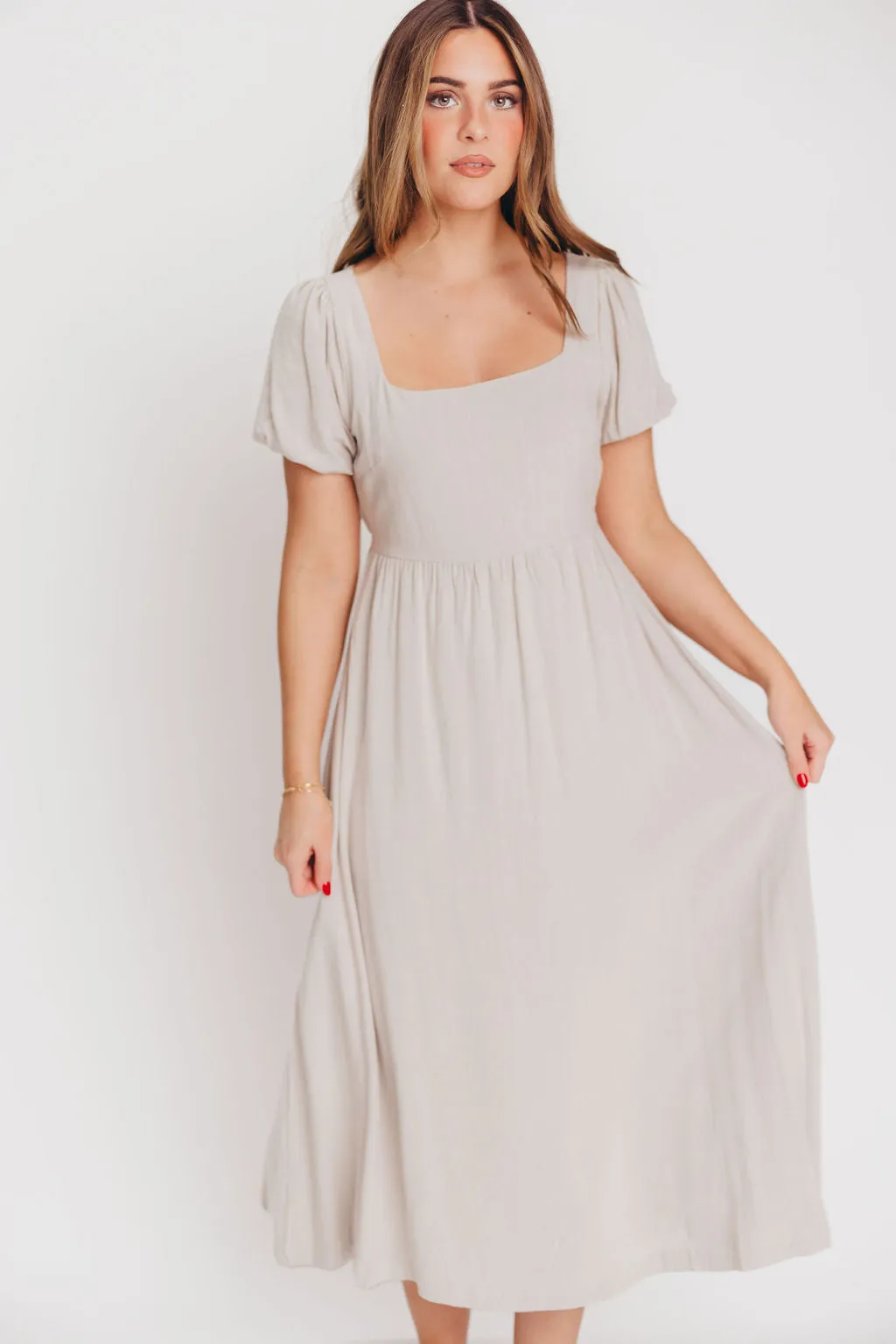 Ainsley Square Neck Midi Dress with Puffed Sleeves in Oat - Bump Friendly sold by Worth Collective product image thumbnail 3