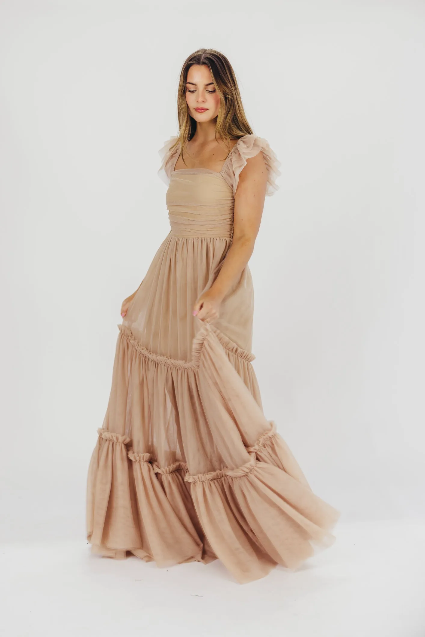 Bella Tiered Tulle Maxi Dress in Taupe - Bump Friendly & Inclusive Sizing (S-3XL) sold by Worth Collective product image thumbnail 4