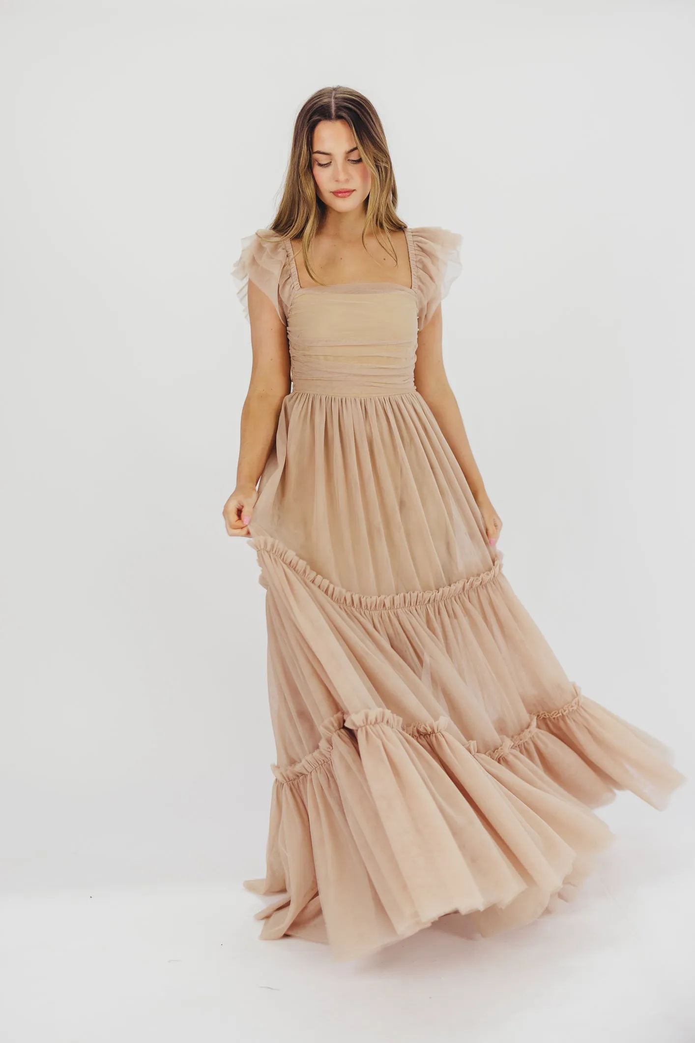 Bella Tiered Tulle Maxi Dress in Taupe - Bump Friendly & Inclusive Sizing (S-3XL) sold by Worth Collective product image thumbnail 3