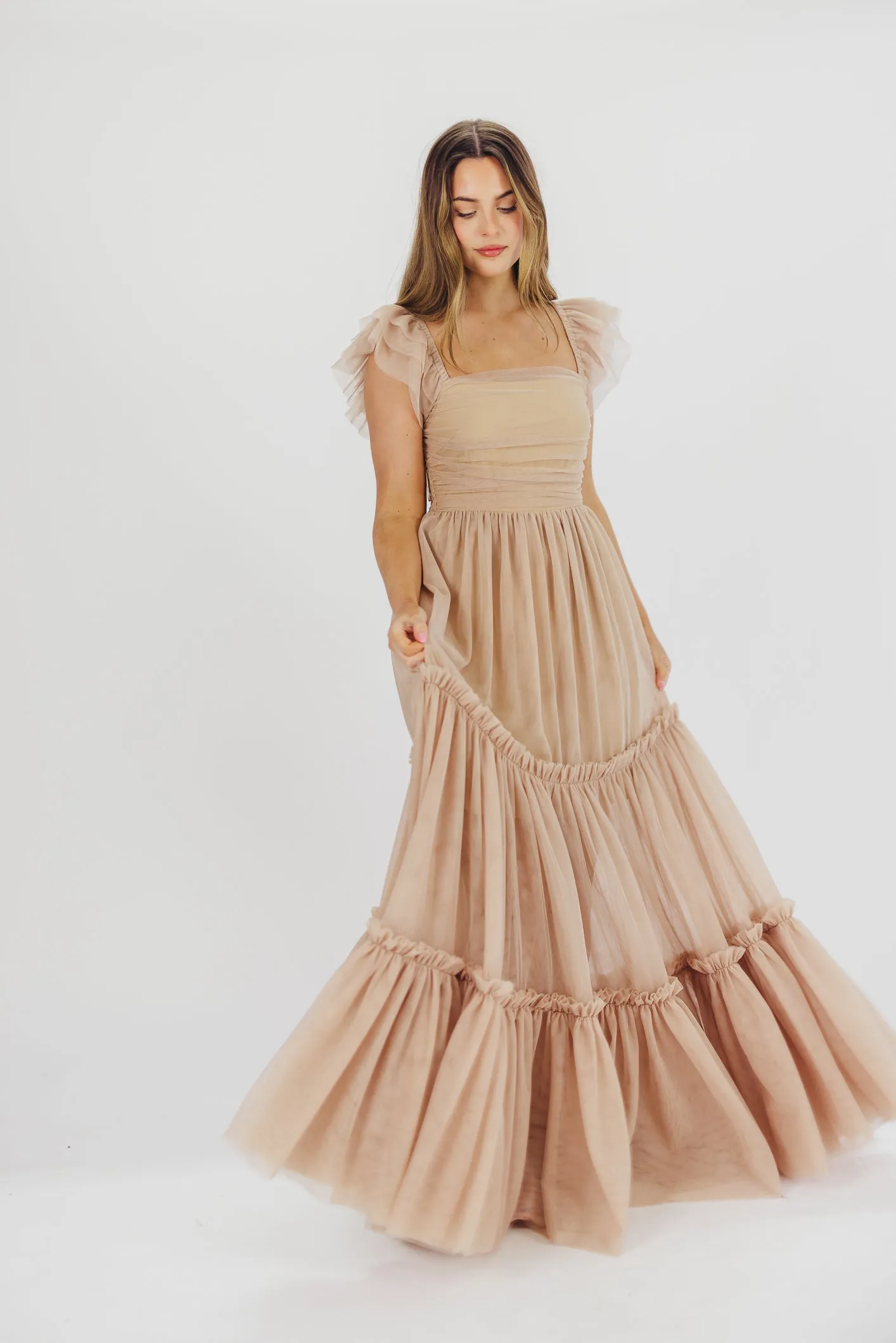 Bella Tiered Tulle Maxi Dress in Taupe - Bump Friendly & Inclusive Sizing (S-3XL) sold by Worth Collective product image thumbnail 5