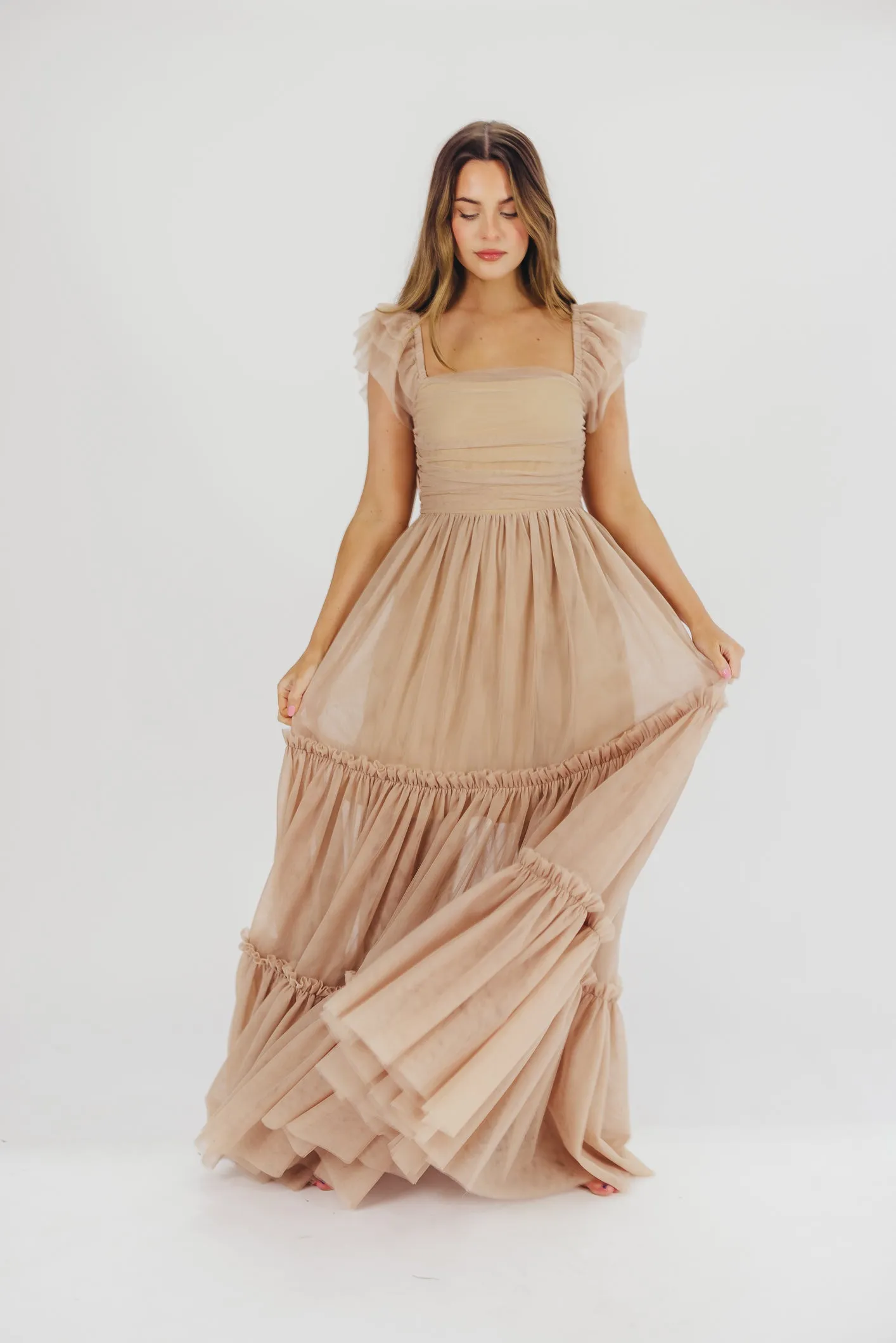 Bella Tiered Tulle Maxi Dress in Taupe - Bump Friendly & Inclusive Sizing (S-3XL) sold by Worth Collective product image thumbnail 2