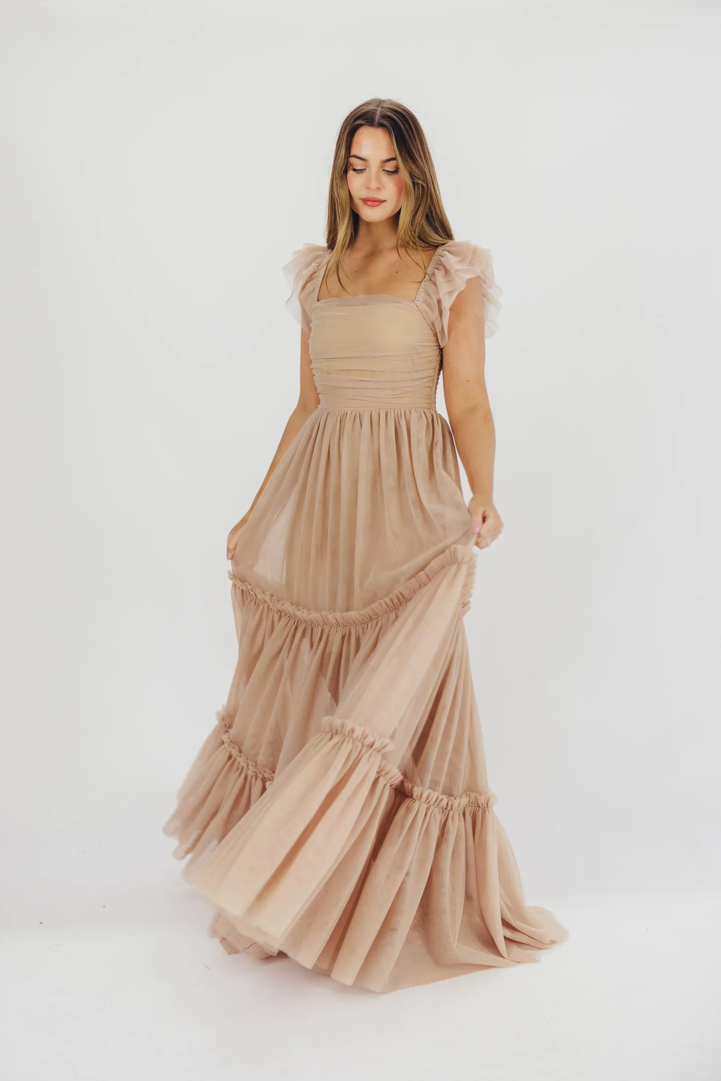 Bella Tiered Tulle Maxi Dress in Taupe - Bump Friendly & Inclusive Sizing (S-3XL) sold by Worth Collective