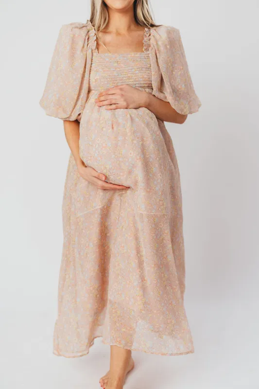 Melody Maxi Dress with Pleats and Bow Detail in Mauve Floral - Bump Friendly & Inclusive Sizing (S-3XL) sold by Worth Collective
