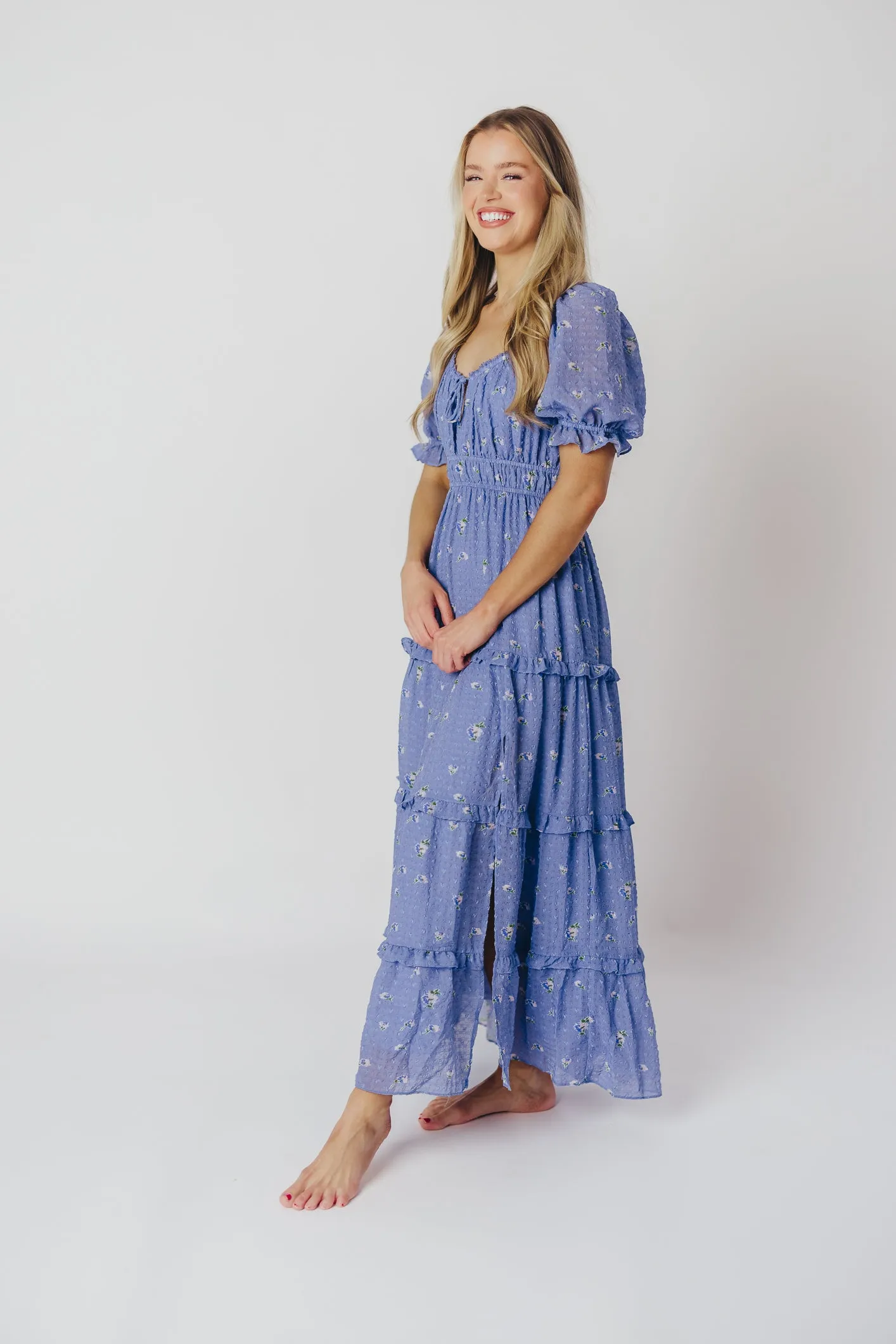 ASTR Kimmy Tiered Maxi Dress in Iris Blue Floral sold by Worth Collective product image thumbnail 2