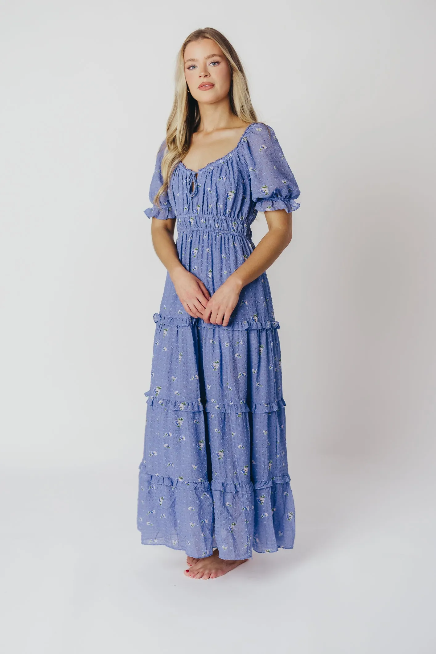 ASTR Kimmy Tiered Maxi Dress in Iris Blue Floral sold by Worth Collective product image thumbnail 5