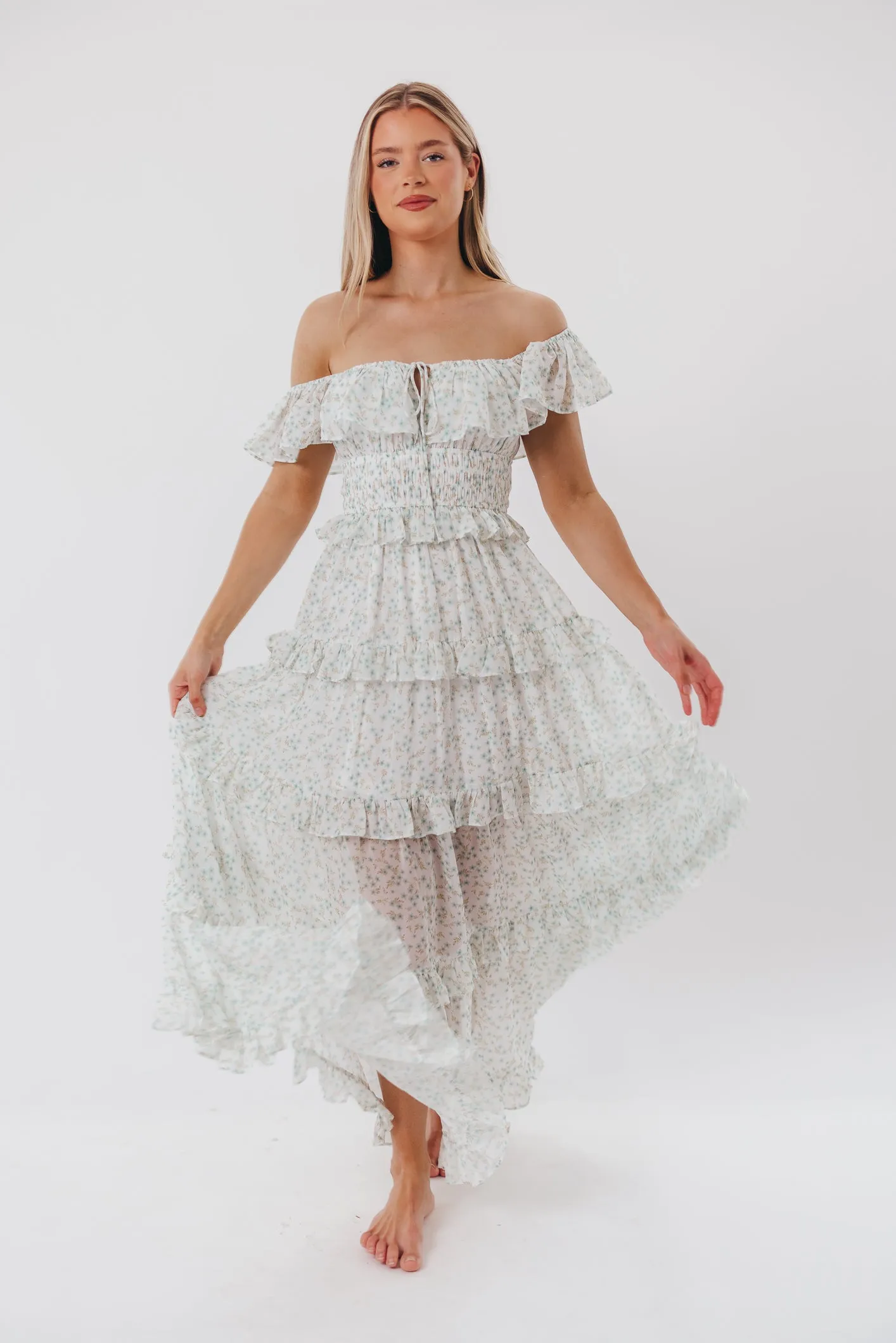 Astrid Ruffle Detail Maxi Dress in Sage Floral- Bump Friendly sold by Worth Collective