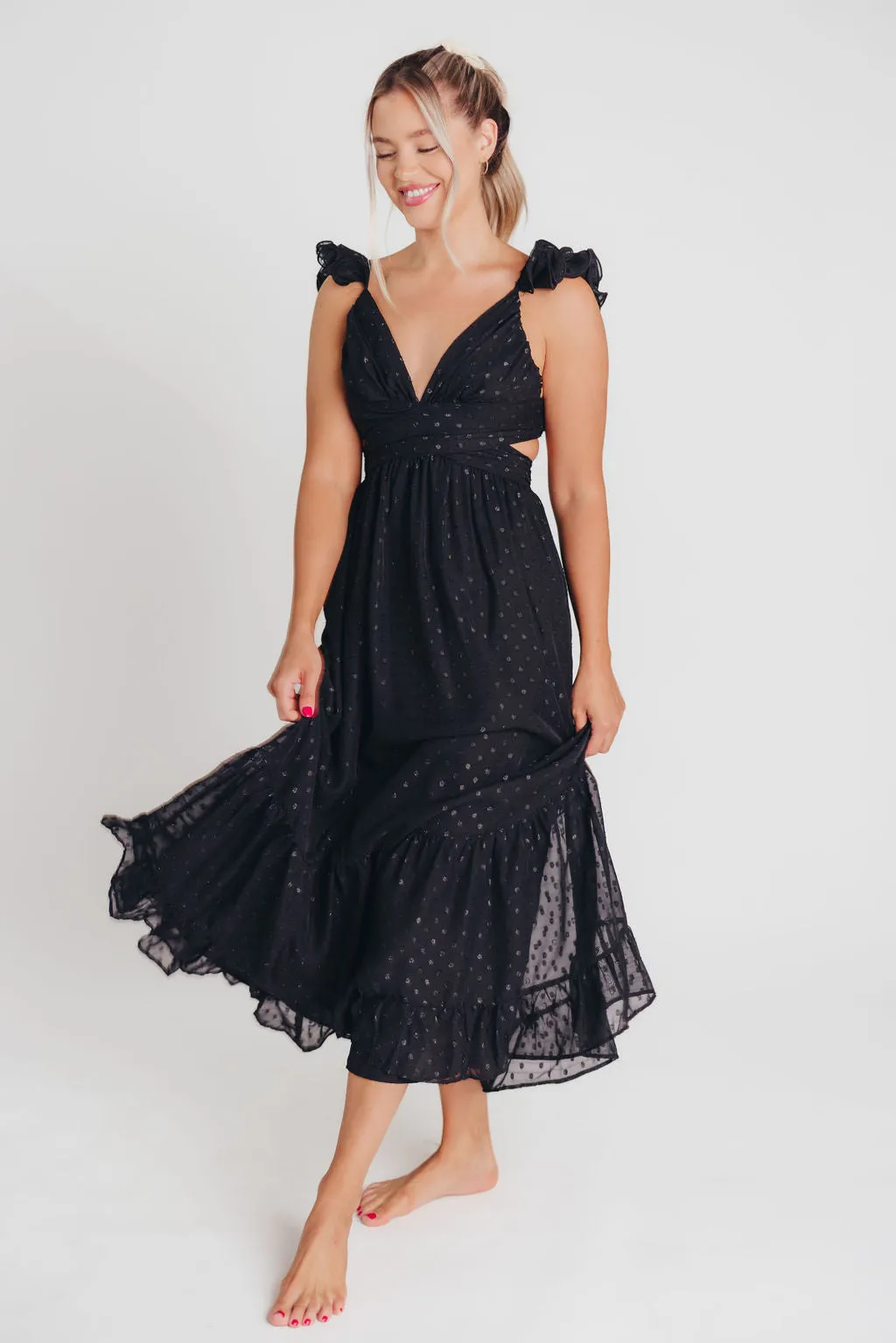 Ingrid Embroidered Maxi Dress in Black Dots sold by Worth Collective