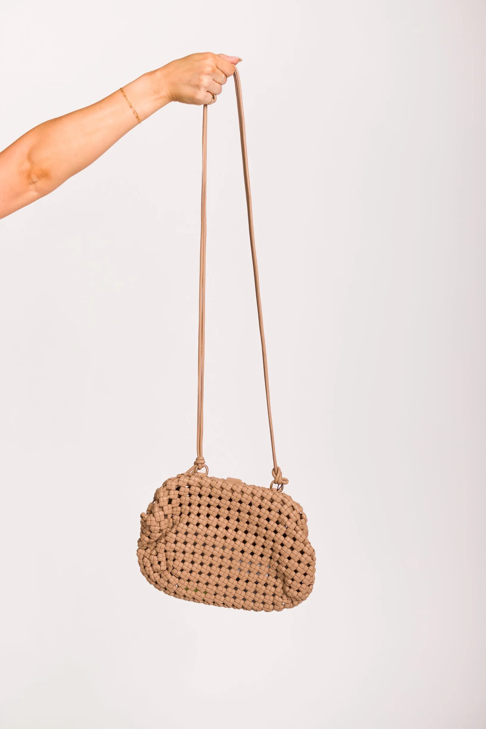 Braided Clutch with Long Strap in Taupe sold by Worth Collective