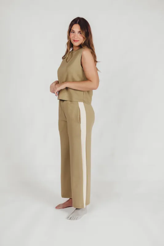 Eliot Scuba Modal Wide Leg Pants with Side Stripe in Light Olive sold by Worth Collective