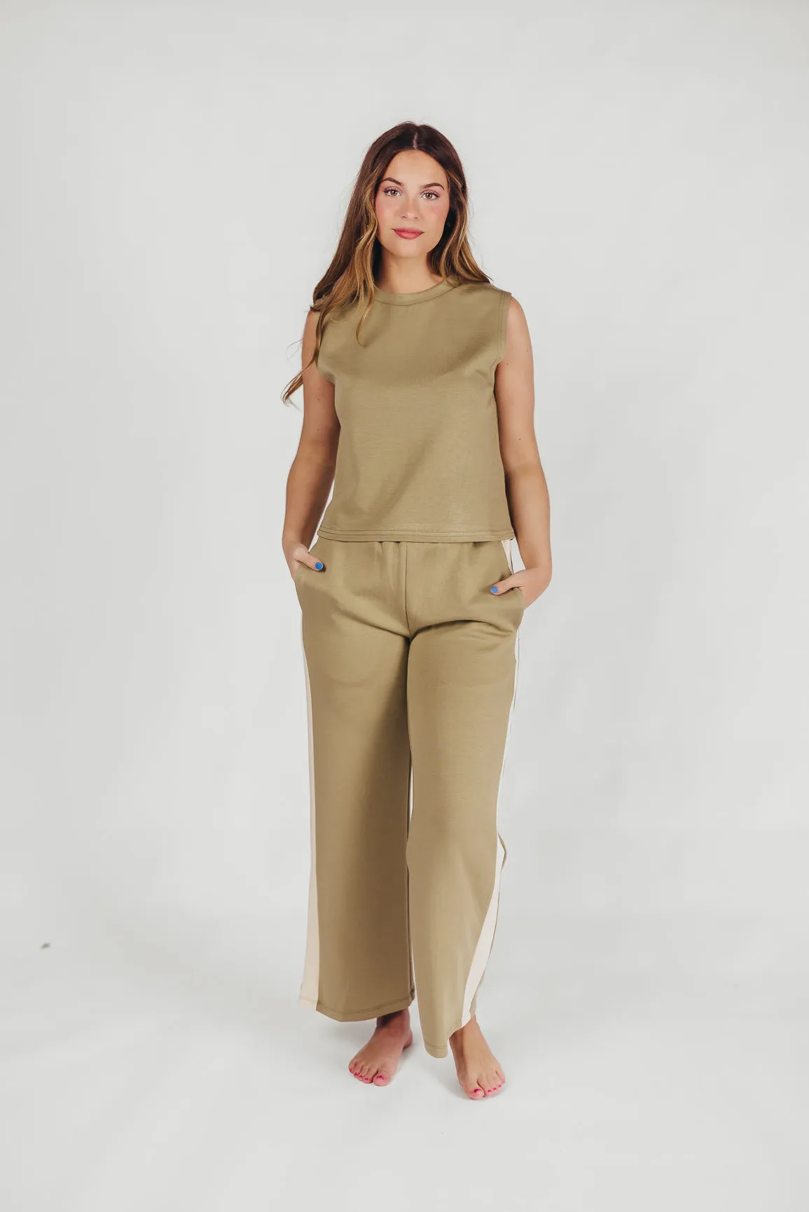 Eliot Scuba Modal Wide Leg Pants with Side Stripe in Light Olive sold by Worth Collective product image thumbnail 4
