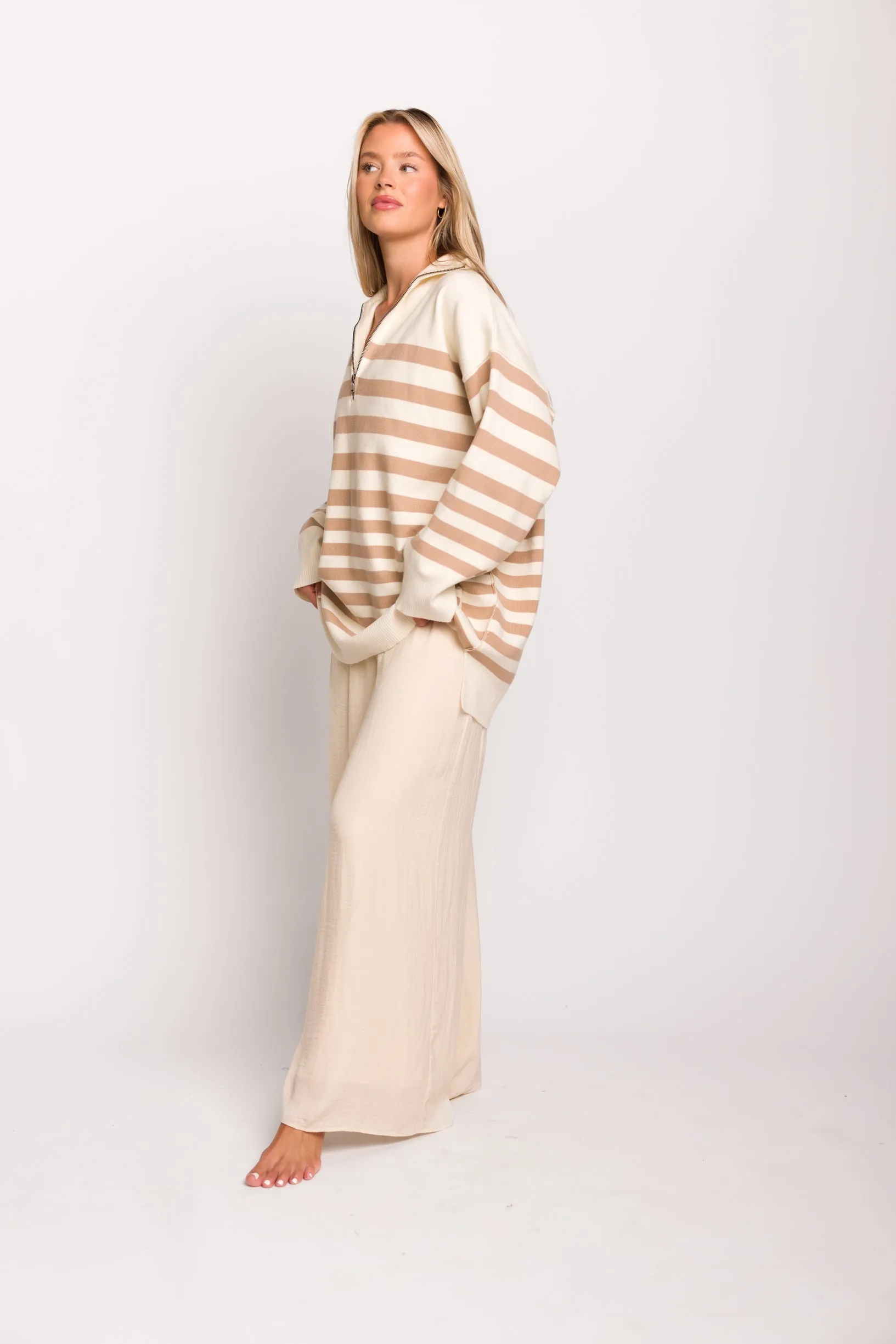 Posey Knit Mini Sweater Tunic with Collared 1/2 Zip in Cream/Sand sold by Worth Collective product image thumbnail 3