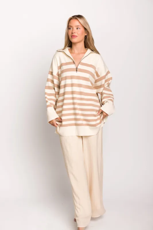 Posey Knit Mini Sweater Tunic with Collared 1/2 Zip in Cream/Sand made by Promesa