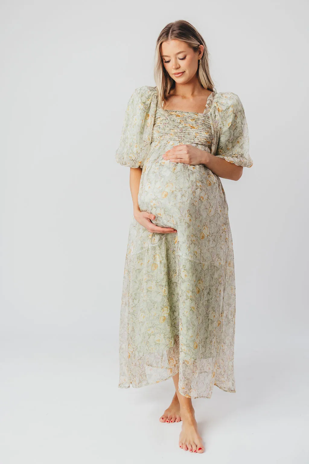 Melody Maxi Dress with Pleats and Bow Detail in Sage Floral - Bump Friendly & Inclusive Sizing (S-3XL) sold by Worth Collective