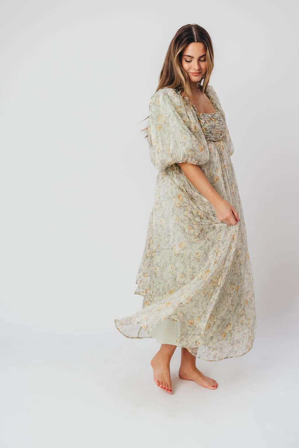 Melody Maxi Dress with Pleats and Bow Detail in Sage Floral - Bump Friendly & Inclusive Sizing (S-3XL) sold by Worth Collective product image thumbnail 5