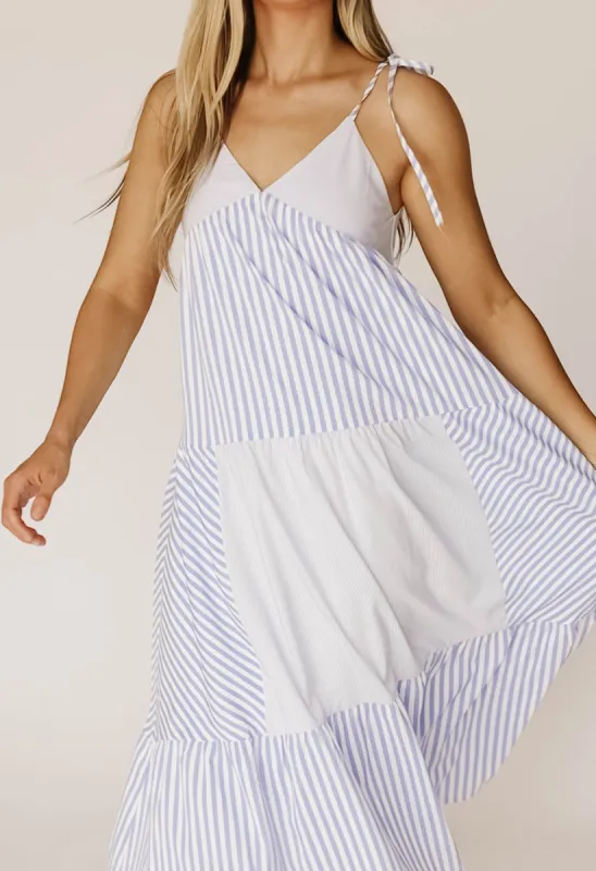 Teri Tiered Maxi Dress with Tie Straps in Sky Blue Stripe sold by Worth Collective