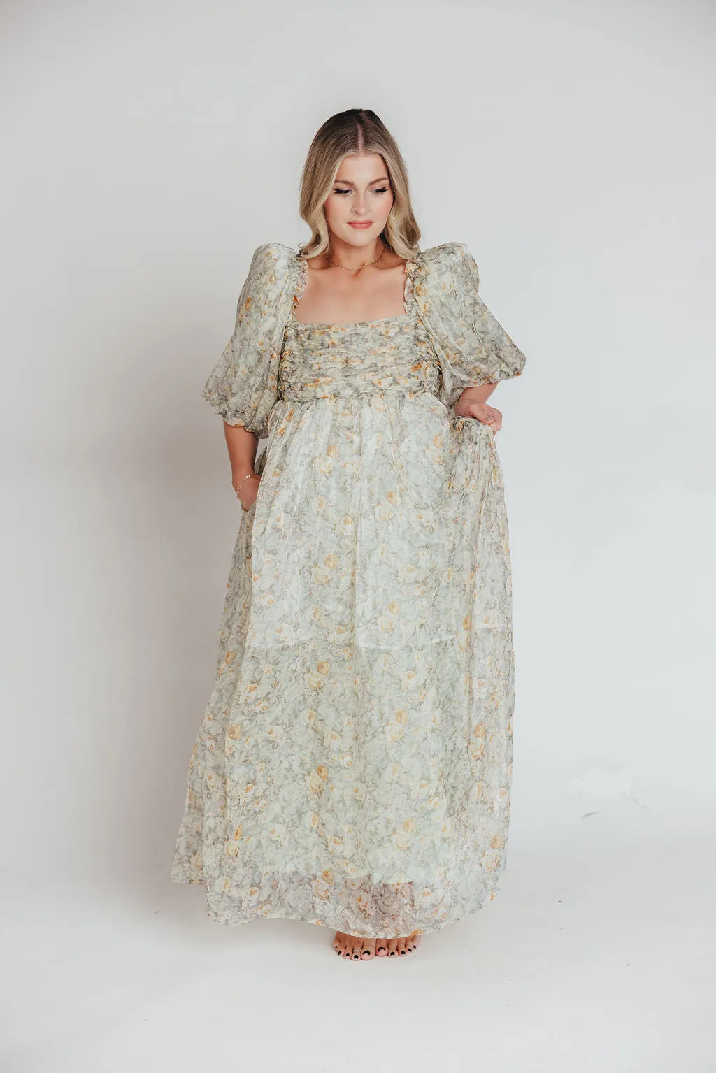 Melody Maxi Dress with Pleats and Bow Detail in Sage Floral - Bump Friendly & Inclusive Sizing (S-3XL) sold by Worth Collective product image thumbnail 3