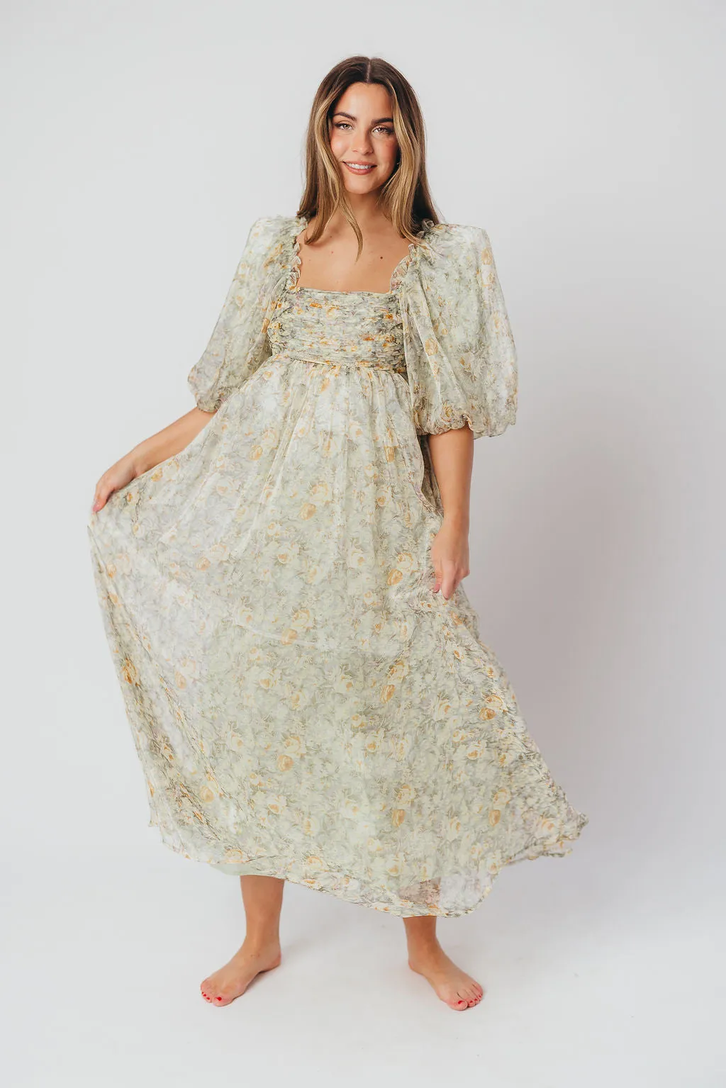 Melody Maxi Dress with Pleats and Bow Detail in Sage Floral - Bump Friendly & Inclusive Sizing (S-3XL) sold by Worth Collective product image thumbnail 4