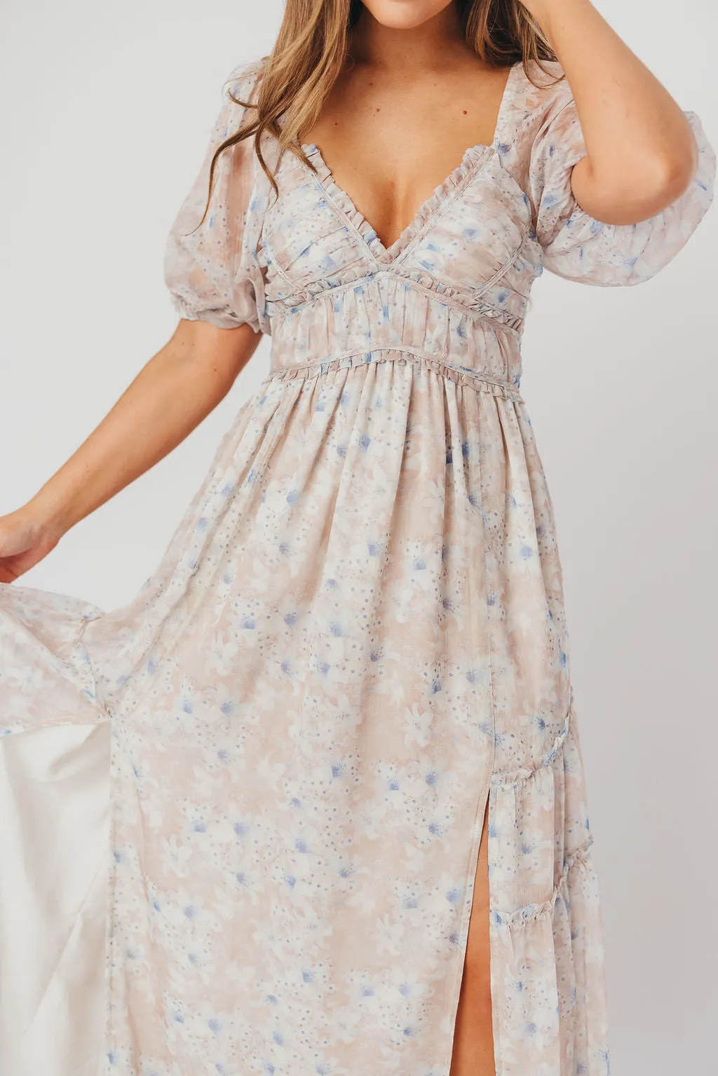 Daphne Maxi Dress in Beige/Blue Floral - Bump Friendly sold by Worth Collective