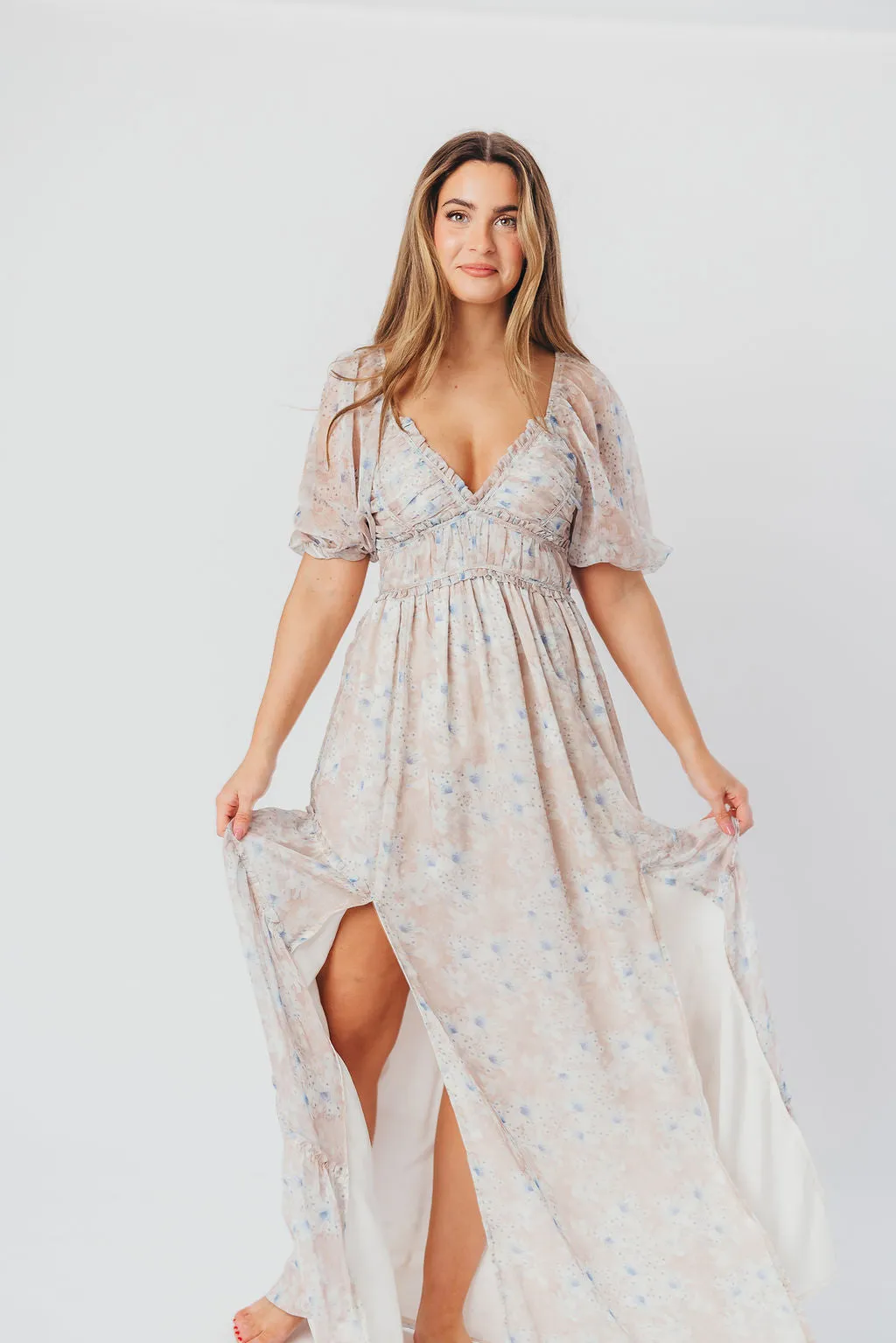 Daphne Maxi Dress in Beige/Blue Floral - Bump Friendly sold by Worth Collective product image thumbnail 5