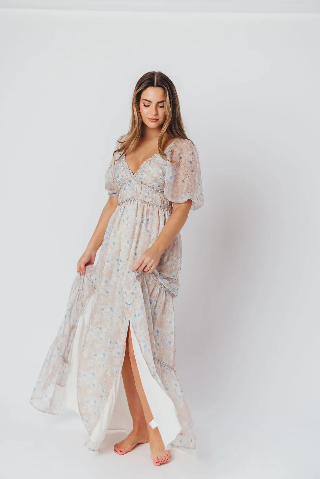 Daphne Maxi Dress in Beige/Blue Floral - Bump Friendly sold by Worth Collective product image thumbnail 4