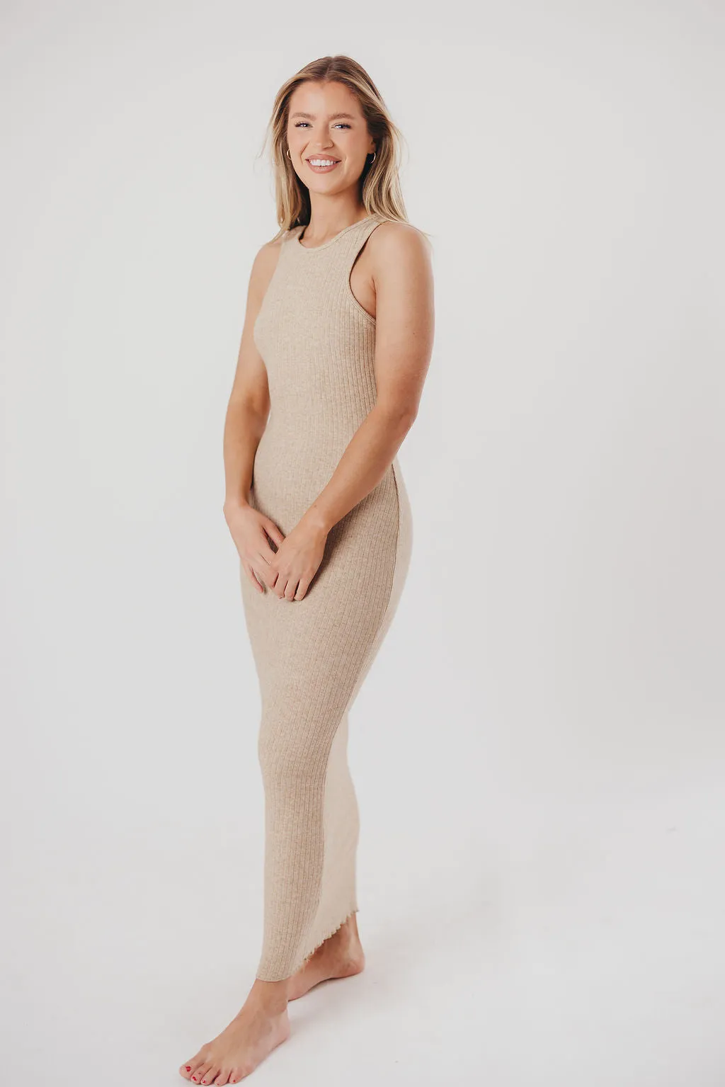 Bruges Crewneck Open Back Midi Dress in Oat sold by Worth Collective