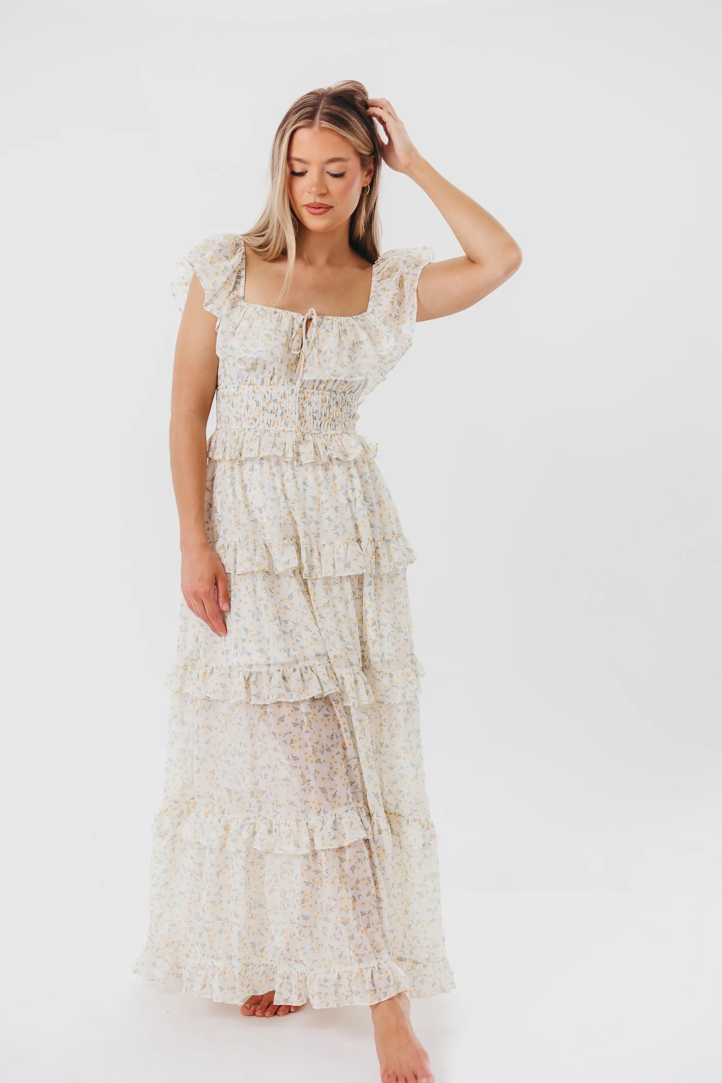 Astrid Ruffle Detail Maxi Dress in Yellow Floral - Bump Friendly sold by Worth Collective