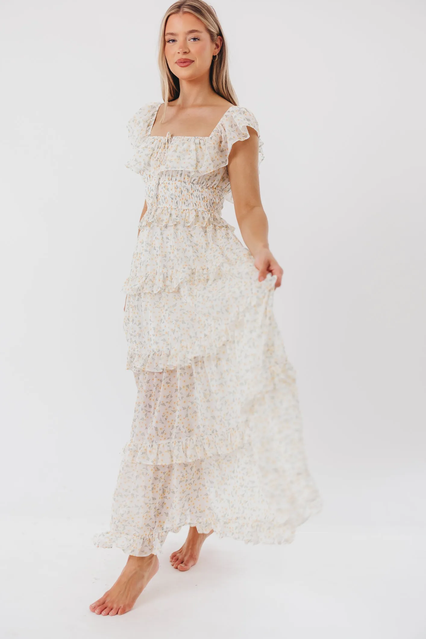 Astrid Ruffle Detail Maxi Dress in Yellow Floral - Bump Friendly sold by Worth Collective product image thumbnail 3