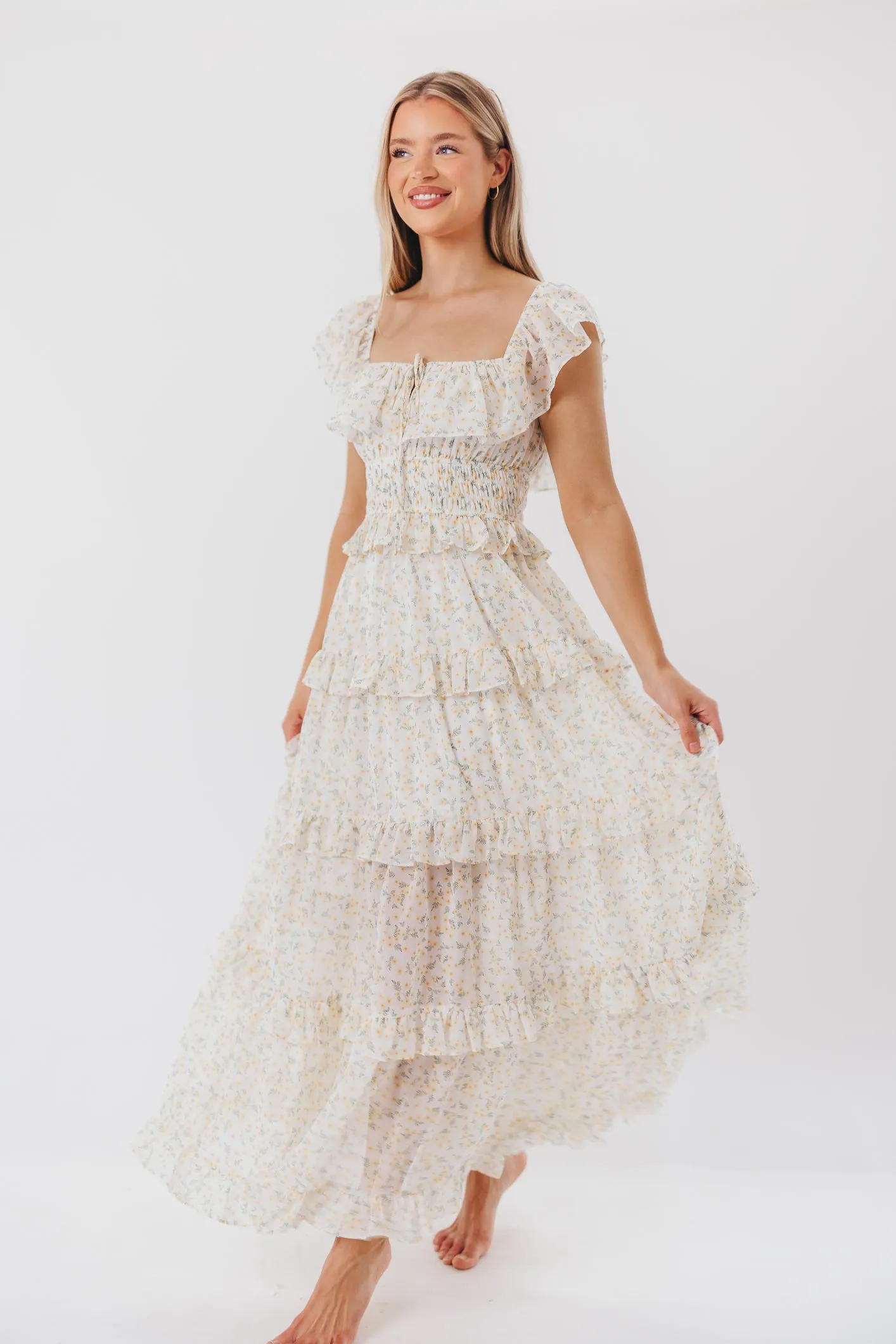 Astrid Ruffle Detail Maxi Dress in Yellow Floral - Bump Friendly sold by Worth Collective product image thumbnail 4