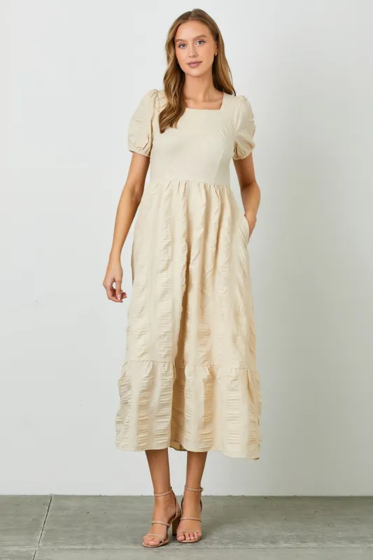 Baker Textured Woven Midi Dress with Square Neckline in Cream sold by Worth Collective