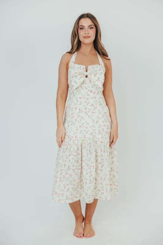 Taylor 100% Cotton Midi Dress with Bow Detail in Cream & Pink Floral sold by Worth Collective