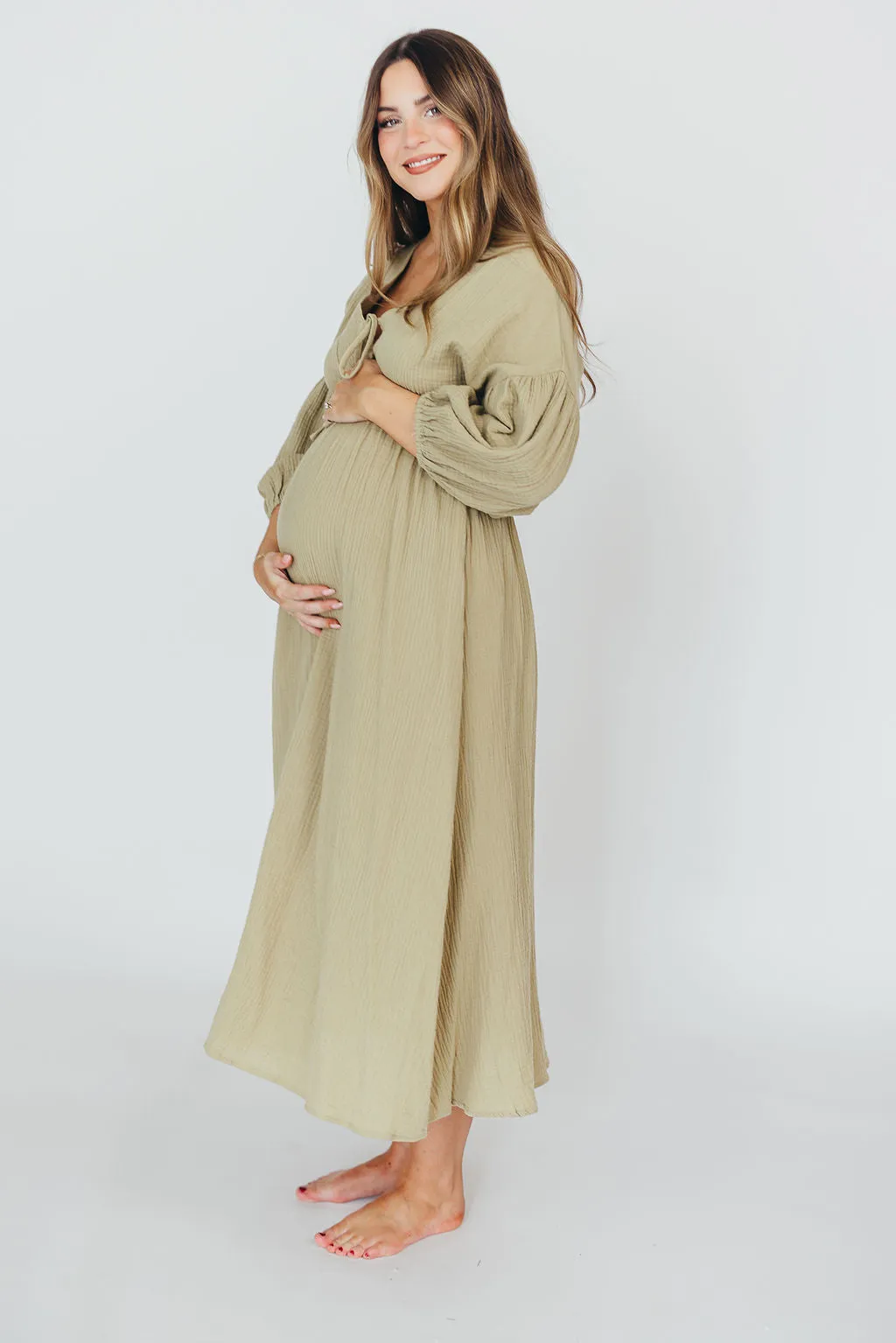 Hunter 100% Cotton Gauze Midi Dress in Thyme - Bump Friendly and Inclusive Sizing sold by Worth Collective product image thumbnail 2