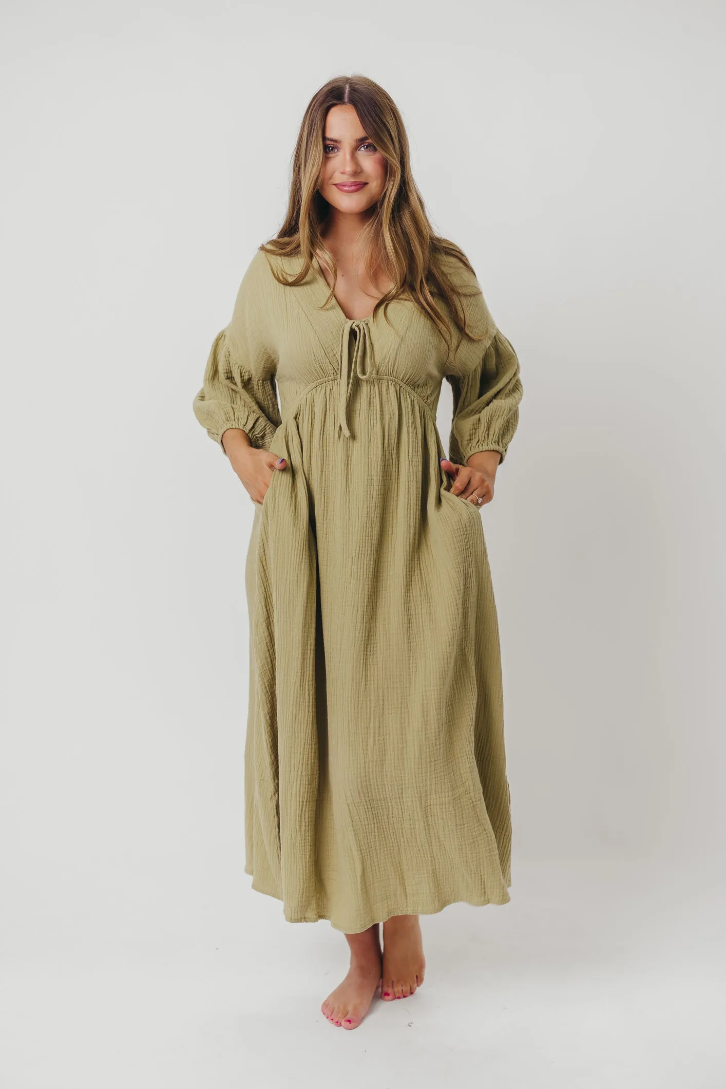 Hunter 100% Cotton Gauze Midi Dress in Thyme - Bump Friendly and Inclusive Sizing sold by Worth Collective