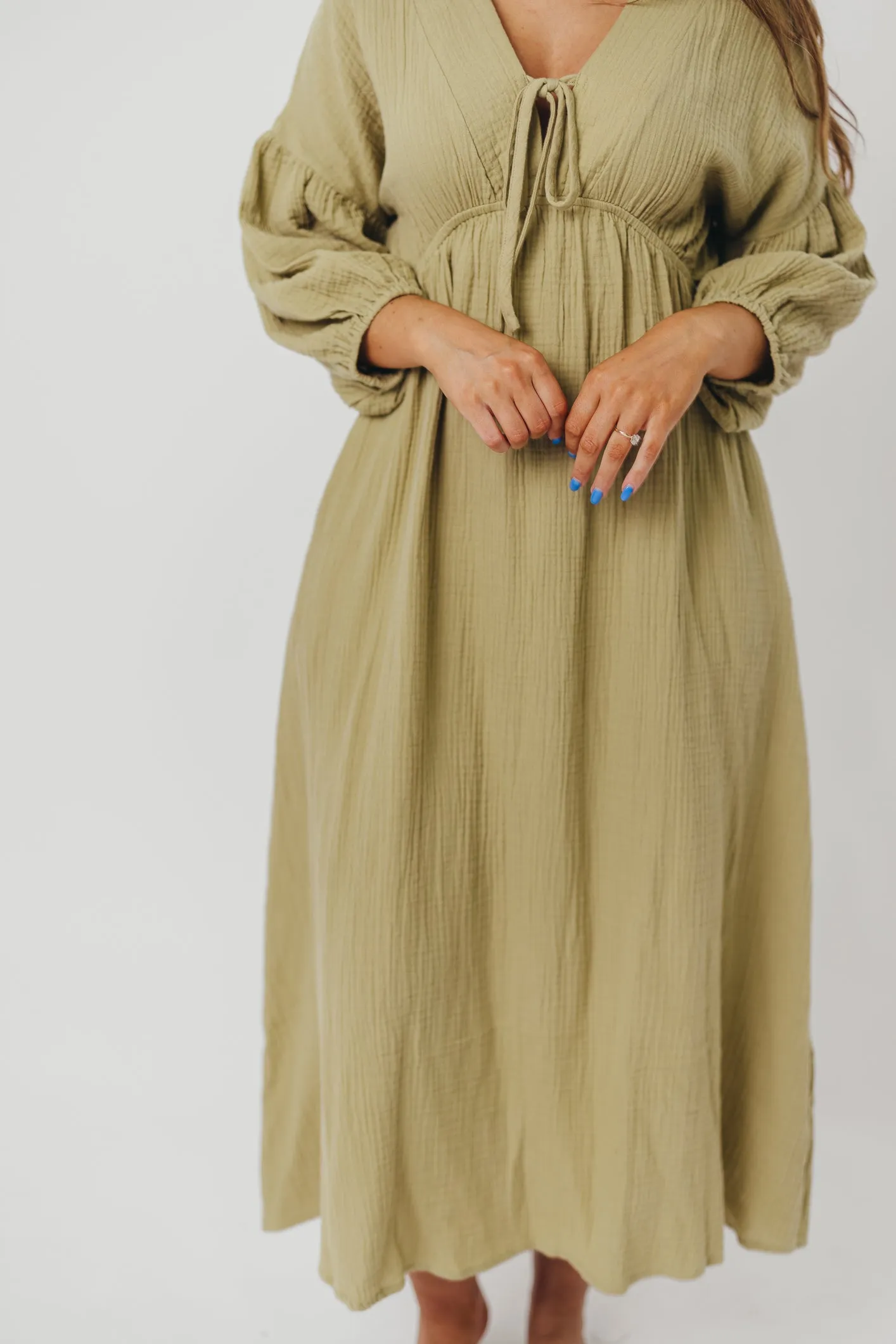 Hunter 100% Cotton Gauze Midi Dress in Thyme - Bump Friendly and Inclusive Sizing sold by Worth Collective product image thumbnail 3
