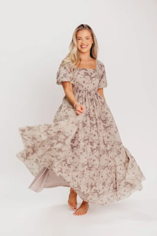 Bridgette Square Neck Pleated Maxi Dress in Taupe Floral -Bump Friendly- Inclusive Sizing (S-3XL) sold by Worth Collective