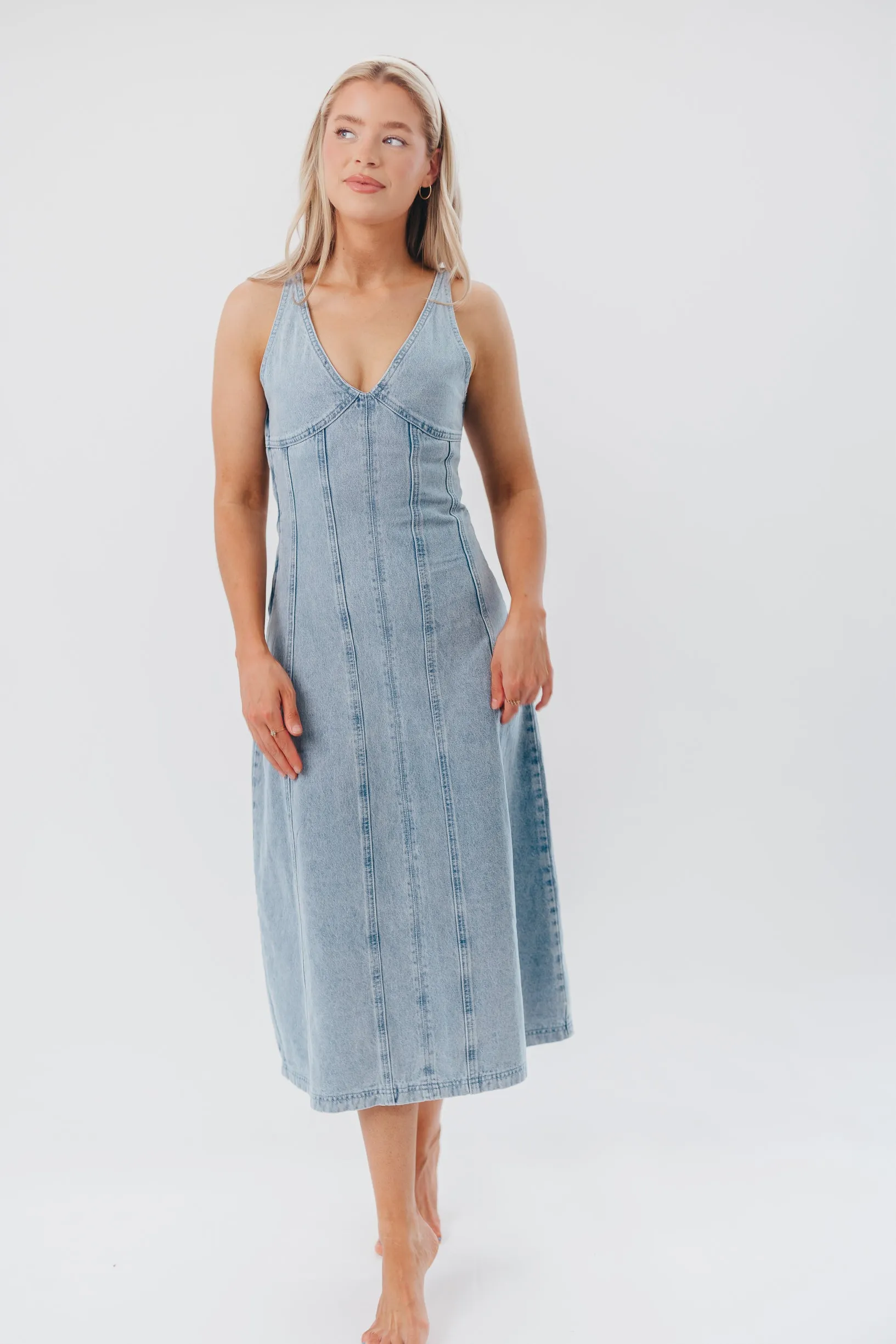 Annie V-Neck Maxi Dress in Denim sold by Worth Collective
