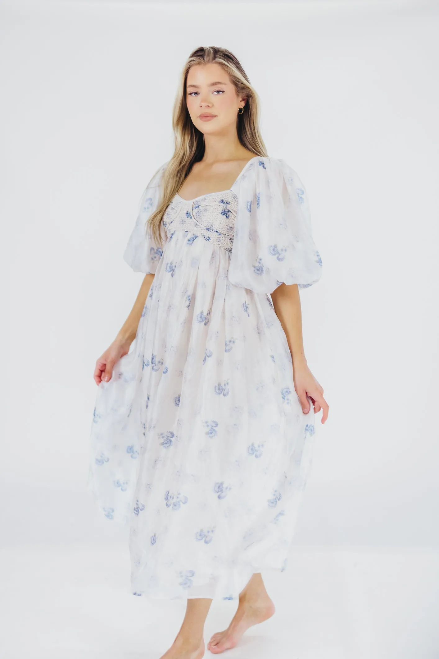 Harlow Maxi Dress in Muted Blue Floral - Bump Friendly & Inclusive Sizing (S-3XL) sold by Worth Collective