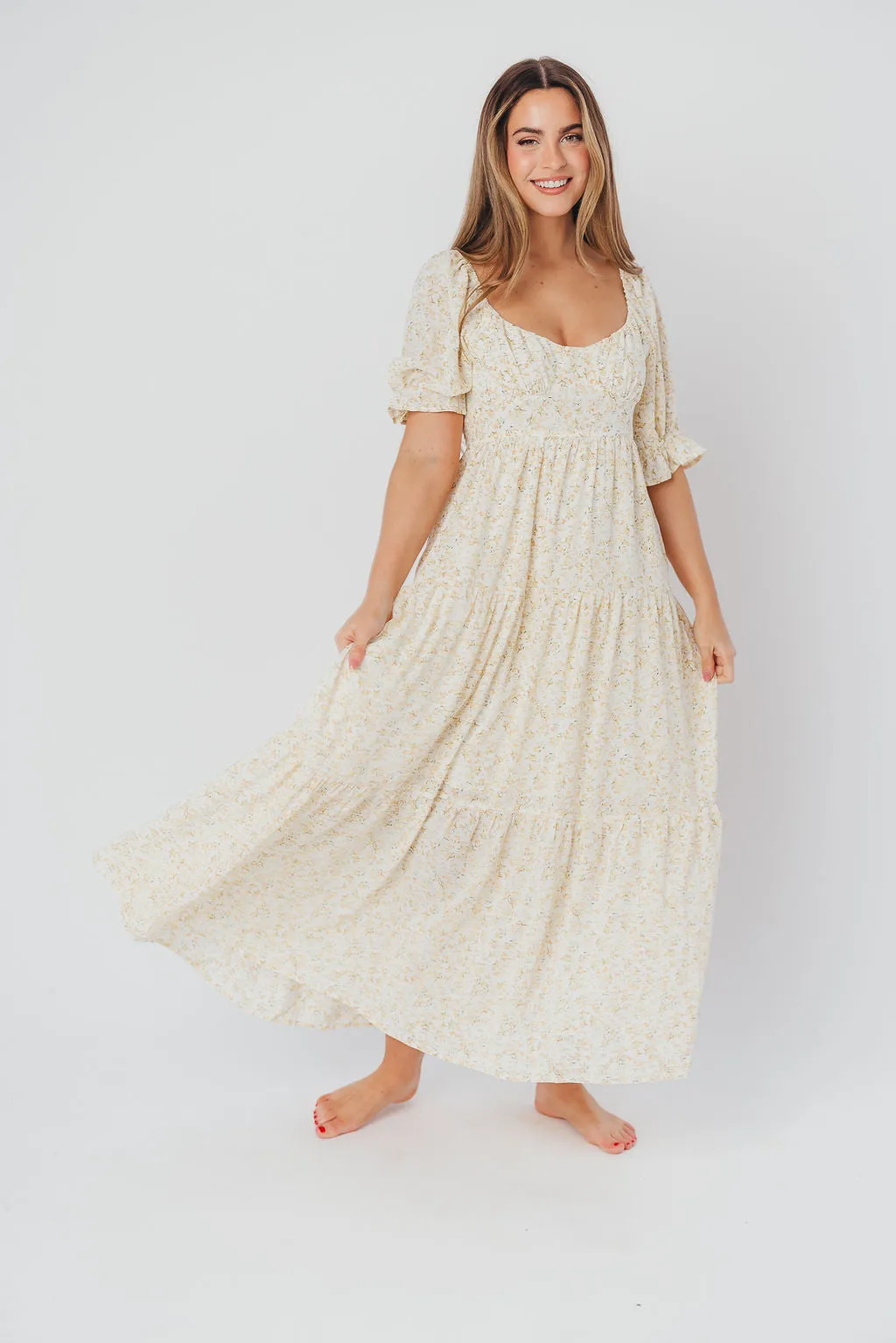 Patton Sweetheart Neckline Tiered Maxi Dress in Daffodil Creme sold by Worth Collective