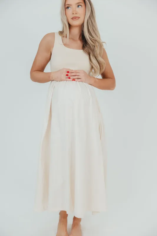 Addie Mixed-Fabric Midi Dress in Natural - Bump Friendly sold by Worth Collective