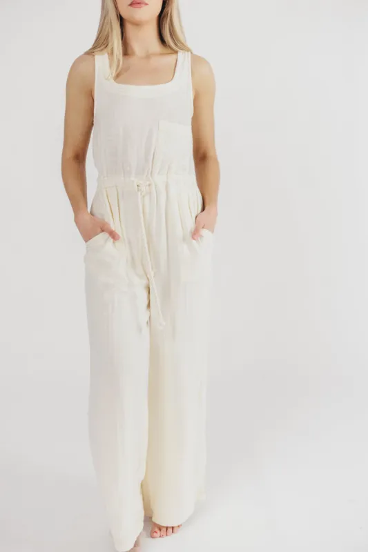 Cruise Mode Sleeveless Gauze Jumpsuit in Ivory sold by Worth Collective