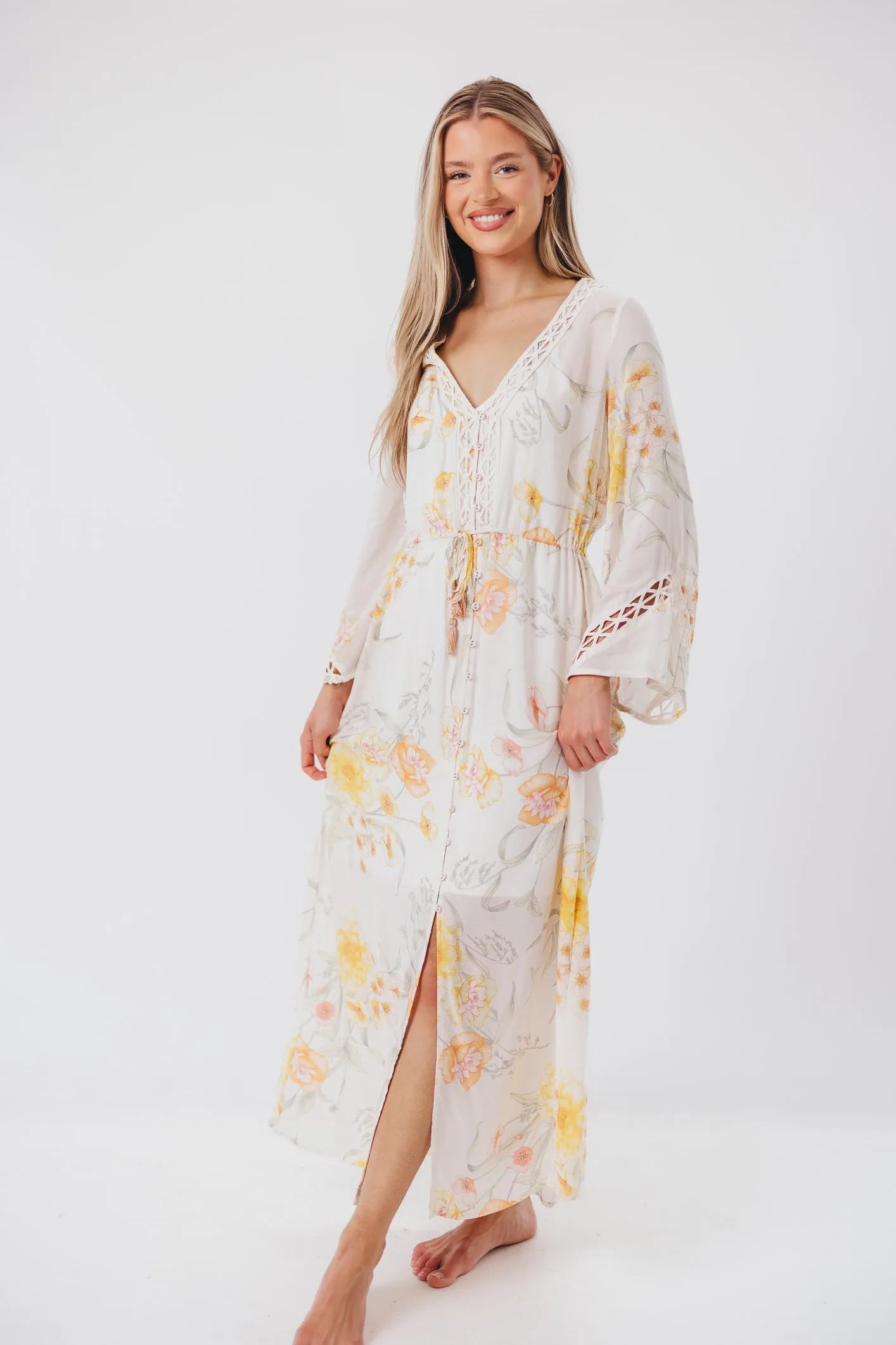 Sophie Flowy Long-sleeved Maxi Dress with Button-Up Front in Vanilla/Coral Floral - Nursing Friendly sold by Worth Collective product image thumbnail 3
