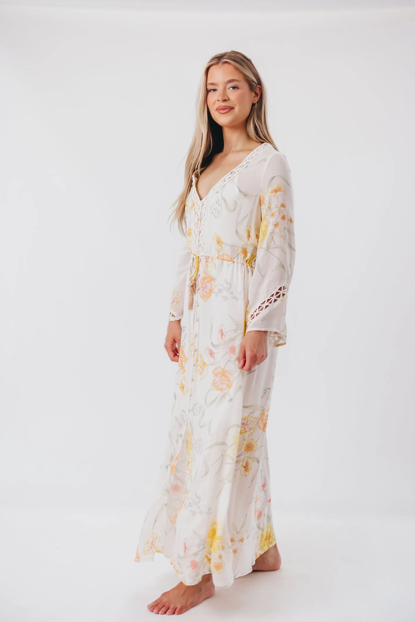 Sophie Flowy Long-sleeved Maxi Dress with Button-Up Front in Vanilla/Coral Floral - Nursing Friendly sold by Worth Collective product image thumbnail 4