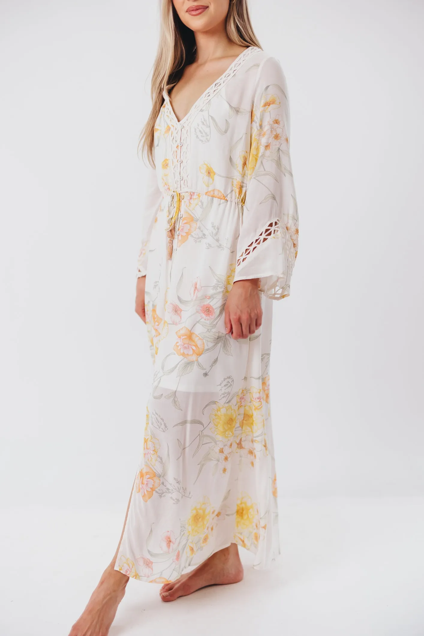 Sophie Flowy Long-sleeved Maxi Dress with Button-Up Front in Vanilla/Coral Floral - Nursing Friendly sold by Worth Collective product image thumbnail 5