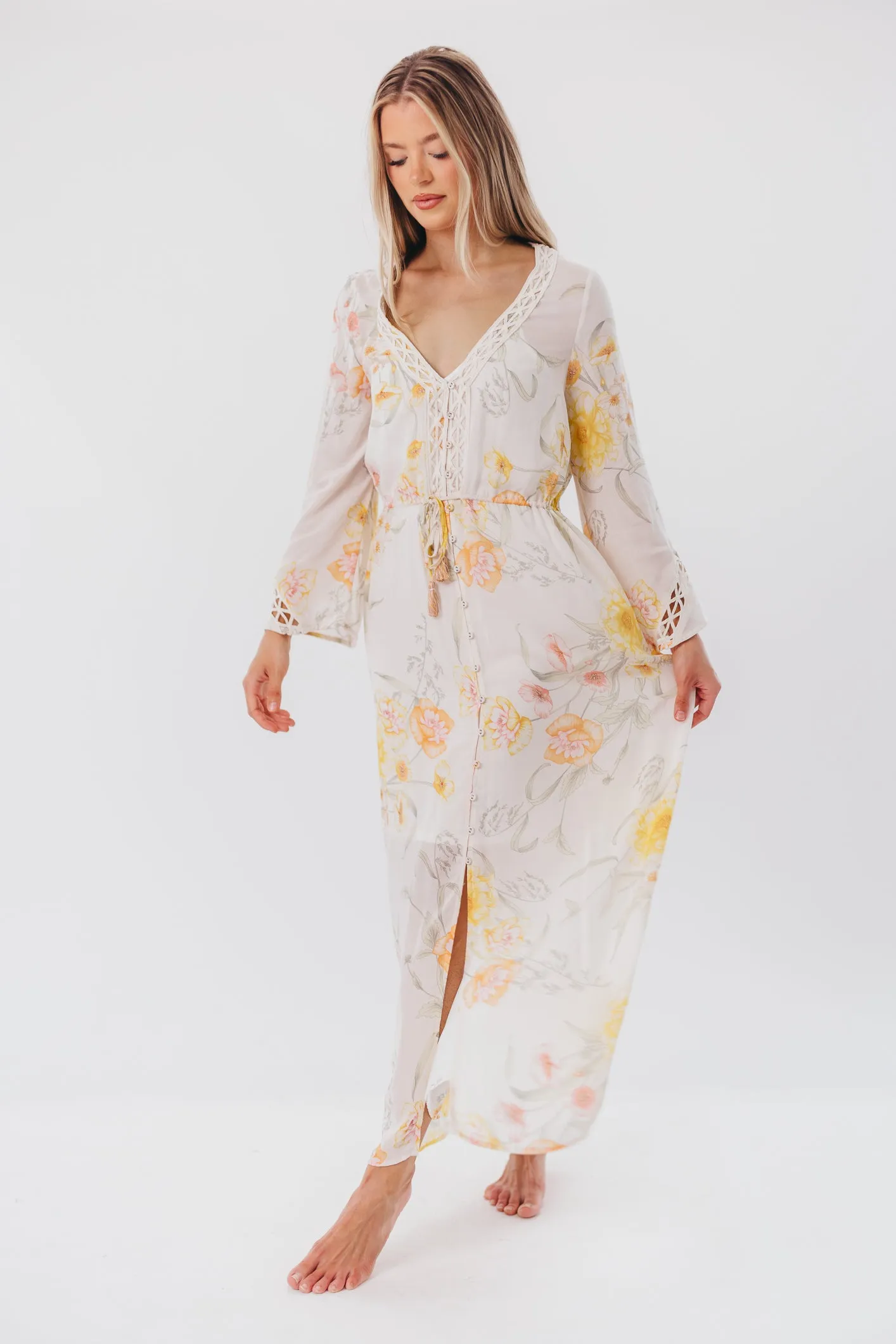 Sophie Flowy Long-sleeved Maxi Dress with Button-Up Front in Vanilla/Coral Floral - Nursing Friendly sold by Worth Collective