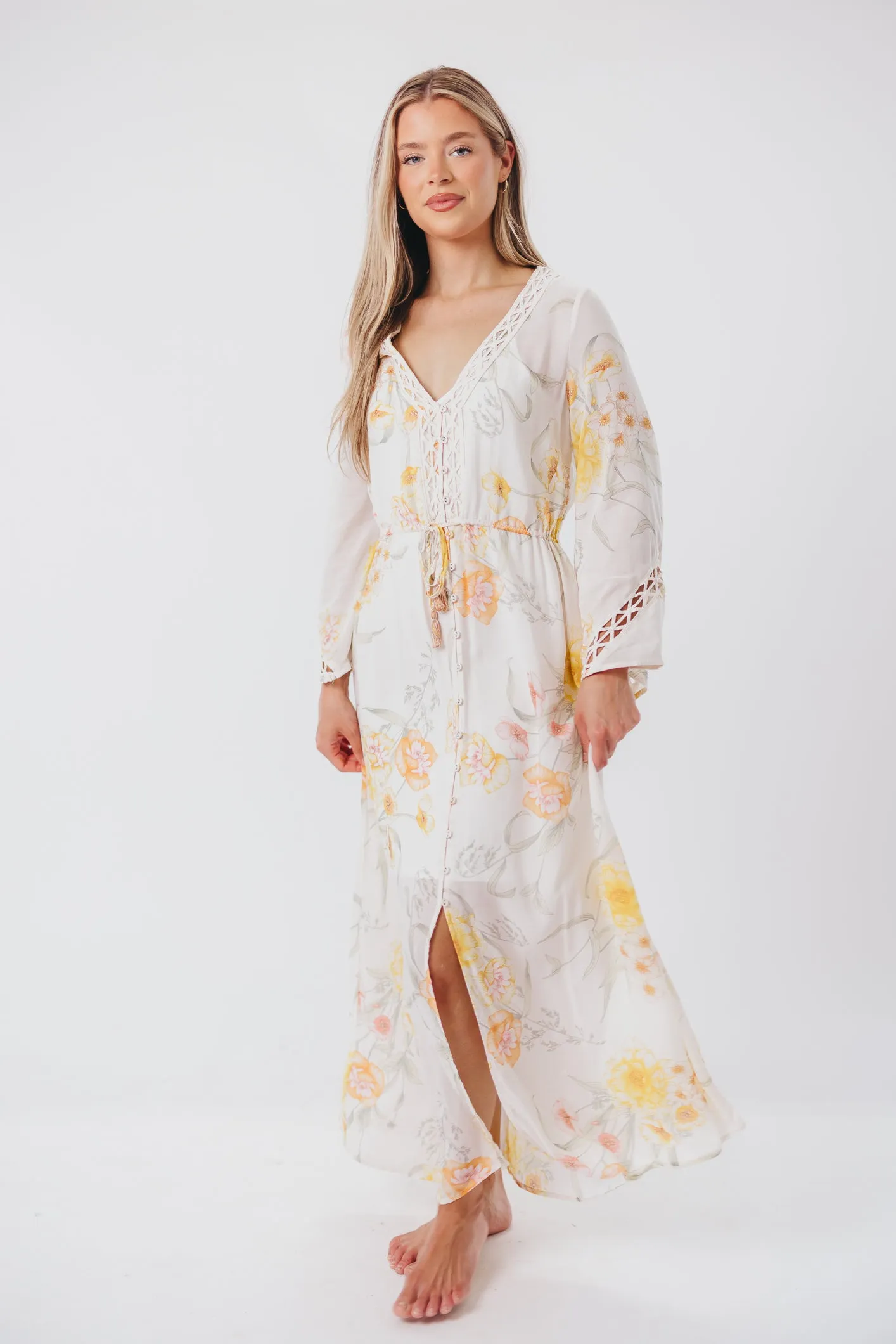 Sophie Flowy Long-sleeved Maxi Dress with Button-Up Front in Vanilla/Coral Floral - Nursing Friendly sold by Worth Collective product image thumbnail 2