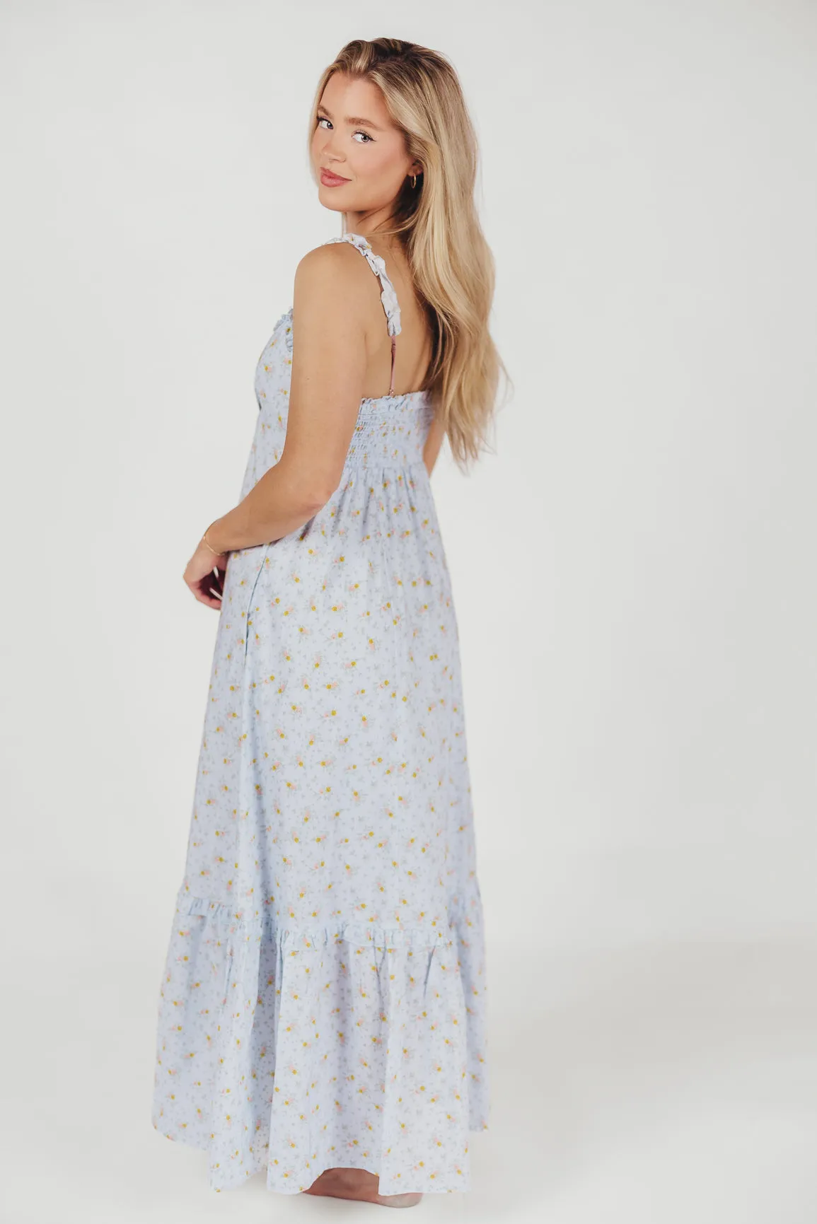 Penelope Cotton Maxi Dress with Ruffle Accents in Powder Blue Floral sold by Worth Collective product image thumbnail 5